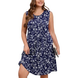 AusLook Plus Size Women Summer Dress Sleeveless Crew Neck Casual Cute Loose Fitting Tank Sundress Vine Flower 4X Comfy Swing Midi Flowy A-line Trendy Beach Vacation Teacher Dresses with Pockets