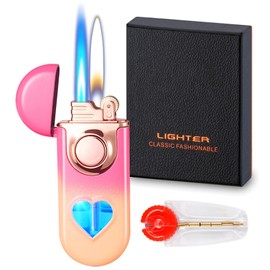 Torch Lighter, Dual Flame Butane Lighter Refillable, Windproof Adjustable Jet Flame and Soft Flame, with Heart-Shaped Transparent Gas Window, for Men Women (Without Butane)-Pink Orange