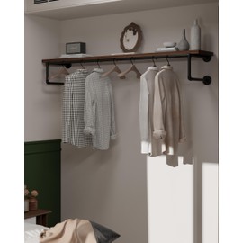 TEDIDUWA Clothes Rack 60in, Wall Mounted Garment Racks with Real Walnut Wood Shelf, Heavy Duty Hanging Clothes Rack, Multi-Purpose Hanging Rod, Space-Saving Closet Storage