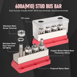 CNSPEED 600A Power Distribution Block 12V Bus Bar Terminal Block 4x3/8 (M10) Marine Battery Bus Bar with Cover for Automotive Car Boat Solar System Red