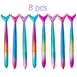 Kaizuca 8-Piece Mermaid Ballpoint Pen Set, Creative Fishtail Gel Pens, Fishtail Pen, Has Gradient Colours, for Girls Party Favours, Party Bags (Black Ink)