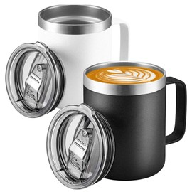 MXHIGO 2Pcs Taza de Café Aislada de Acero Inoxidable de 350ml/12oz con Tapa Corrediza, Termo Taza de Café de Viaje con Asa, Vaso Térmico de Frío y Caliente, Termo para Hogar, Oficina y Camping