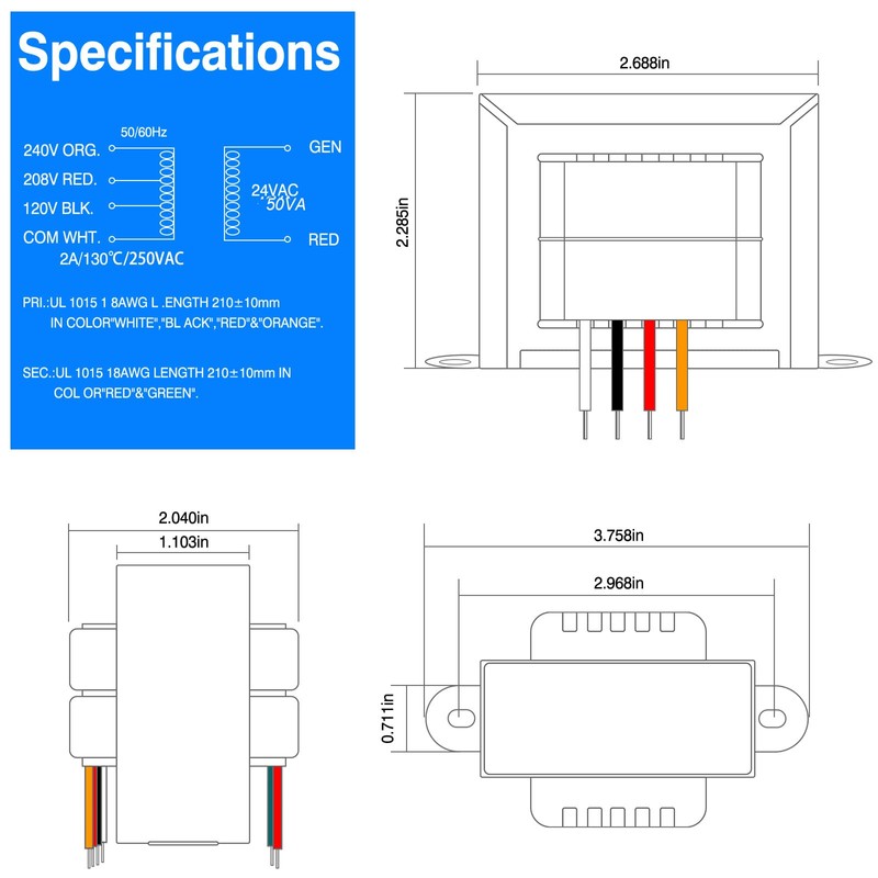 24v 50va Control Transformer， Primary 120, 208, 240V Secondary 24V