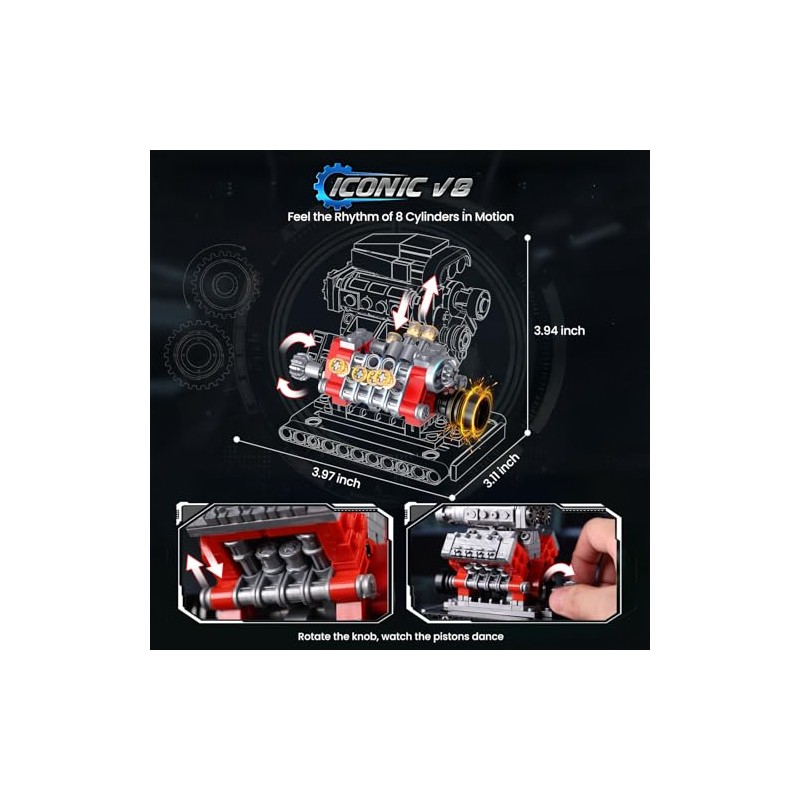 JMBricklayer 3-in-1 Mini Engine Model Car Kits that Runs, V8