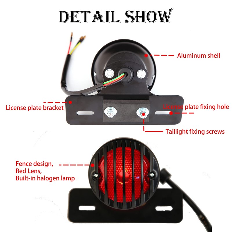 JMTBNO Motorcycle Rear Light Brake Light Number Plate Light Round