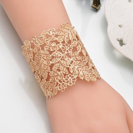 Holibanna Open Bracelet Antique Leaf Flower Bracelet Metal Hollow Lace Bracelet Vintage Cuff Open Wide Big Bangle Women Waist Jewelry Metal Golden Trendy Wrist Chain