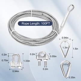 Thickened 1/4 Stainless Steel Cable, 50ft Wire Rope, 7X19 Strands Aircraft Cable, 6400lbs Breaking Strength, Zip Line with M8 Wire Rope Clip Clamp and Wire Rope Cable Thimbles