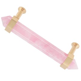 Amogeeli 2pcs Faceted Pointed Rose Quartz Crystal Drawer Pulls Handle with Screws, Brushed Brass Decorative Stone Cabinet Knobs Set for Closet Cupboard Locker