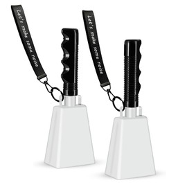 2 Pack 8 Inch Cowbell Noise Makers with Handle and Wrist Strap – Loud Steel Cheering Cow Bells for Sporting Events, Football Games, Parties, Concerts & More (White)