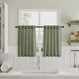 Olive Green Kitchen Short Curtains 24 Inch Length 2 Panels Back Tab Rod Pocket Linen Textured Tier Curtains Dark Green Semi Sheer Light Filtering Curtain for Cafe Bathroom Small Window 26Wx24L