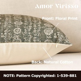 Amor Virisso Vintage Floral Throw Pillow Covers 20x20 Striped Farmhouse Block Print Pillow Cover Outdoor Decorative Pillows for Living Room Bed, Dusty Green