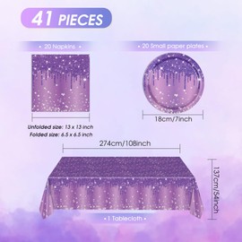 41PCS Purple Birthday Party Decorations for Women Girls Happy Birthday Table Decorations Purple Theme Birthday Dessert Plates Napkins Tablecloths for Her Glitter Birthday Party Supplies