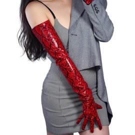 DooWay Super Long Leather Gloves Animal Print Python Snakeskin PU 27 inches Shiny Red