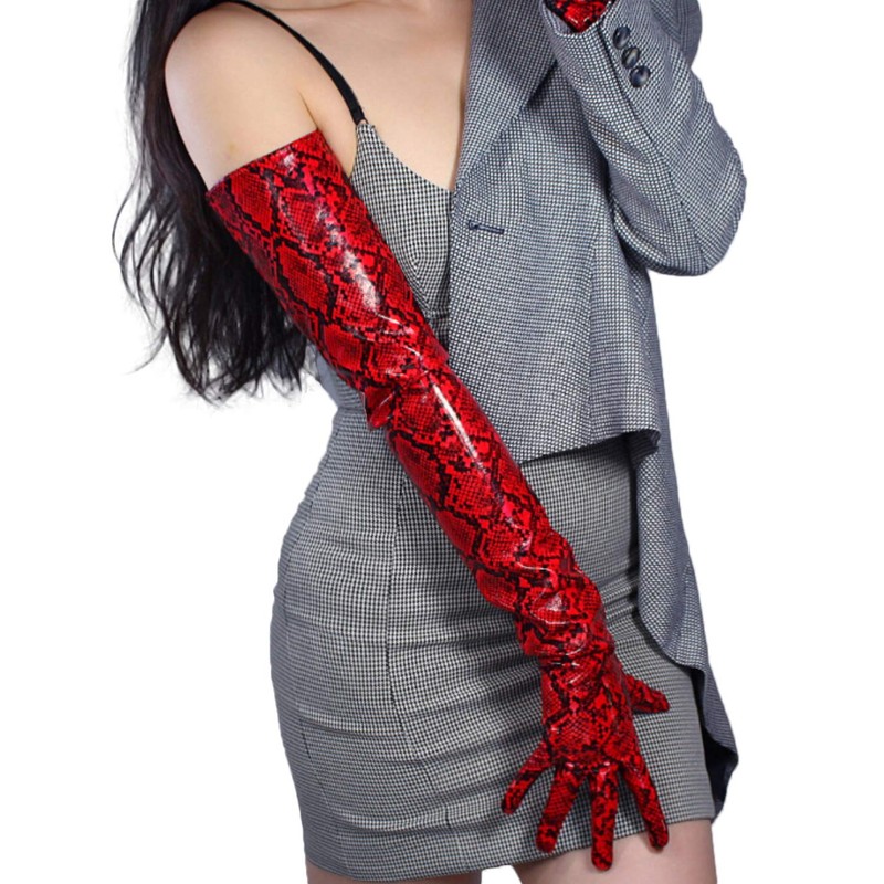 DooWay Super Long Leather Gloves Animal Print Python Snakeskin PU