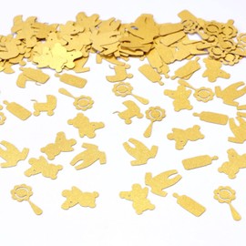 Baby Shower Confetti, Gold Table Scatter, Pram, Bottle, Teddy, Rattle, Babygrow, Pearlescent Card Decorations