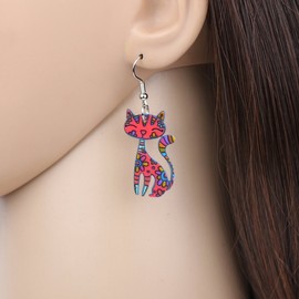 BONSNY Cat Charm Jewellery Acrylic Kitten Charm Drop Dangle Pattern Pet Tag Instruction Earrings Women and Girls (Red), enamel