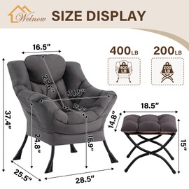 Welnow Lazy Chair with Ottoman, Modern Lounge Accent Chair with Armrests and a Side Pocket, Leisure Sofa Armchair, Reading Armchair with Footrest for Small Space, Dark Grey