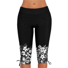 Urchics Womens Plus Size Rash Guard Capris High Waist Swimwear Bottoms Long Swim Shorts Tankini Bottom Swim Lengging, Z-white Small Flowers, XX-Large