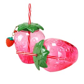 Dranvosk Strawberry Shaped Plastic Cups Drinking Cups Cool Tumbler with Lids and Straws for Summer Wedding Birthday Party Supplies,2PCS