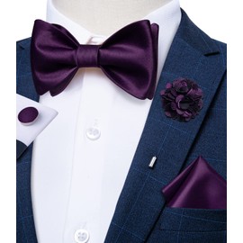 DiBanGu Bow Ties for Men Dark Purple Self-tied Bowtie Handkerchief Lapel Pin Cufflinks Set Formal Wedding Bow Tie Pocket Square