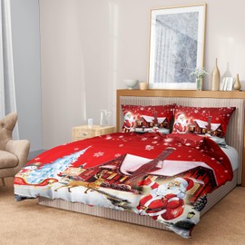 AVJWWD Christmas Bed Linen Set, Christmas Duvet Cover, Santa, Christmas Elk and Christmas Snowflake Pattern, Soft Microfibre with Zip (Christmas House, 135 x 200 cm)