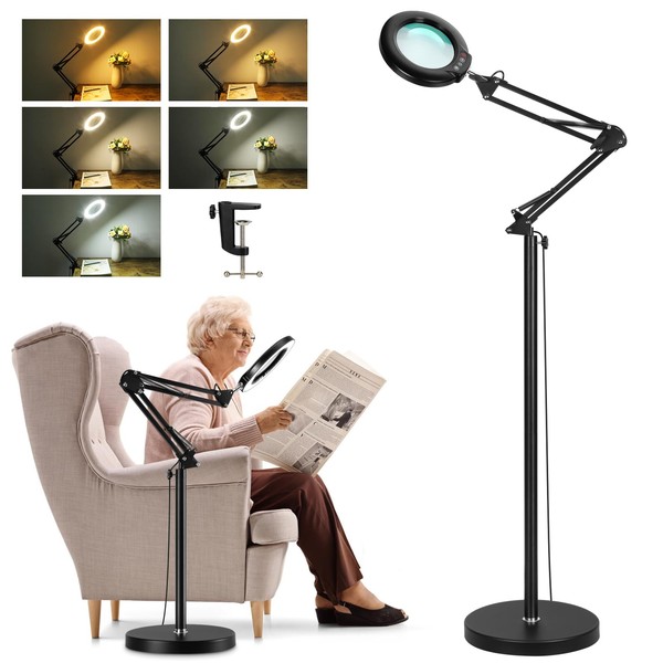 Veemagni 10X Magnifying Glass with Light and Stand, 3-in-1 Adjustable Swing Arm Magnifying Floor Lamp, 5 Color Modes, Stepless Dimmable Lighted Magnifier Hands Free with Clamp for Close Works, Crafts