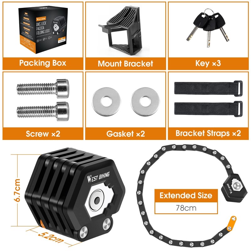 ICOCOPRO Folding Lock, 85 cm Bicycle Lock with Key &
