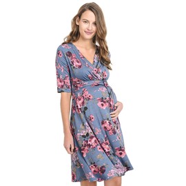 HELLO MIZ Women's Maternity Short Sleeve Knee Length Wrap Dress for Baby Shower (Medium, Denim)