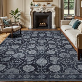 Carpelux Black 8x10 Area Rugs for Living Room, Washable Large Bedroom Rug, Soft Non Slip Floral Carpet, Stain Resistant Low Pile Carpets for Indoor Under Table Dining Home Office Nursery, Black