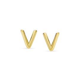 ABC Minimalist Real Yellow 14K Gold Capital Block Alphabet Letter Initial V Stud Earrings Safety Ball Screw Back For Teen For Women