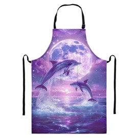 Snilety Purple Dolphin Apron for Women with Pocket Waterproof Canvas Kitchen Cooking Apron Oil Resistant Bibs Ajustable Strap BBQ Aprons