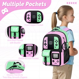 TOWIHUN Gamer Backpack for Girls, 4pcs Gaming Girls Backpack with Lunch Box and Pencil Case for Kids, Video Gamer School Bags