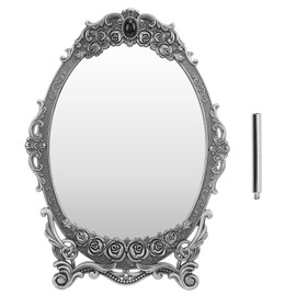 Retro Desktop Makeup Mirror Floral Embossed Beaded Edges Clear Image Functional Vintage Mirror DecorationSilvery