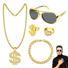 QIWEIS Costume 5 Pieces Dollar Chain Hip Hop Costume Kit Dollar Sign Ring Rapper Costume Accessory with Colour Gradient 80 90s Costume for Fancy Dress Theme Parties Role Play