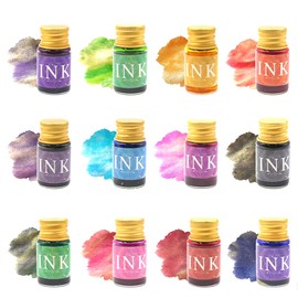 HINSINKIA Glass Pen and Ink Set, 16pcs Glass Pen Set for Art Drawing, 2 Crystal Calligraphy Pens with 12 Gold Powder Ink, Pen Holder, Cleaning Cup, Glass Dip Pen Gift for Kid