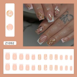 24Pcs White French Tip Press on Nails Medium Square Fake Nails Summer Flowers False Nail with Pearl Rhinestones Designs 3D Gold Irregular Lines Acrylic Nail Reusable Stick on Nails for Women Girls