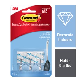 Command Wire Hooks, Small, Clear, 3 Hooks 4 Small Strips