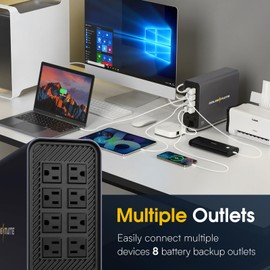 GOLDENMATE 1000VA/800W Lithium UPS Battery Backup & Surge Protector, Backup Battery Power Supply with LiFePO4 Battery, BMS & Cooling Fan, Battery of 10 Years Lifespan, 8 Ports, LCD Display, Gray