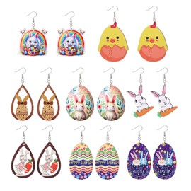 Risyfjew 8 Pairs Easter Earrings for Women Lightweight Wooden Bunny Carrots Eggs Drop Dangle Earrings Easter Jewelry