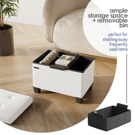 STORAGEBUD Storage Ottoman Cube with Small Bin, 16-in Square Ottoman with Storage for Living Room and Bedroom, Small Ottomans Foot Rest, Faux Leather Foot Stools Ottomans Max 330lbs, Cream