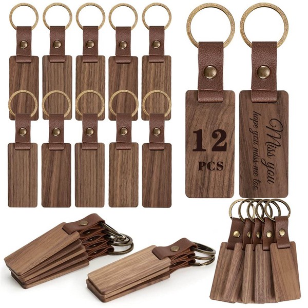 Powerruif Pack of 12 Wooden Keyrings, Personalised Leather Keyring, Blank Key Fobs, Unfinished Wooden Key Fob for Laser Engraving, DIY Various Key Rings, Walnut