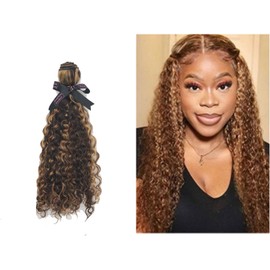 P4/27 Curly Highlight Bundle Wave Human Hair 1 Bundles Brazilian Remy Hair Weaves For Women Brown Bundle Hair Extensions Bundle 16 Inch