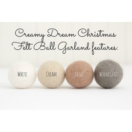 "Creamy Dreamy Christmas" Handmade Wool Felt Ball Garland by Sheep Farm Felt, Neutral Colored Pom Pom Garland- White, Cream, Beige, Gray. Adjustable spacing