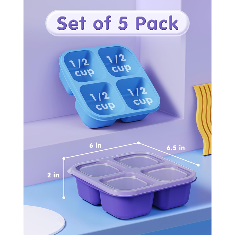 5 Pcs Bento Snack Containers, Reusable 4 Compartment Divided Food