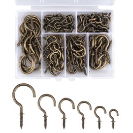120 Screw Hooks Set, 6 Sizes, Nickel Plated Hooks for Screws, Cup Hook Screws with Wood Thread, Bronze Vintage Screw Ceiling Hooks, for Hanging Plants, Art, Decorations, Keys