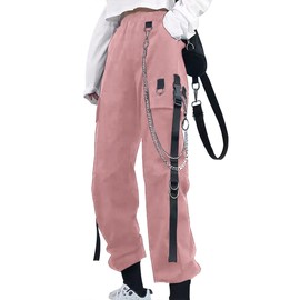 Kisswow High Waisted Baggy Cargo Pants Women Jogger Pants with Chain Punk Streetwear Tripp Street Style Fashion for Women
