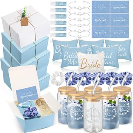FillTouch 54 Pcs Bridesmaid Proposal Gifts Include Bridal Shower Wedding Gift Box Makeup Bags Invited Cards Glass Cup Lip Balm Scrunchies Hair Knotted Bracelets for Maid of Honor(Blue, White)