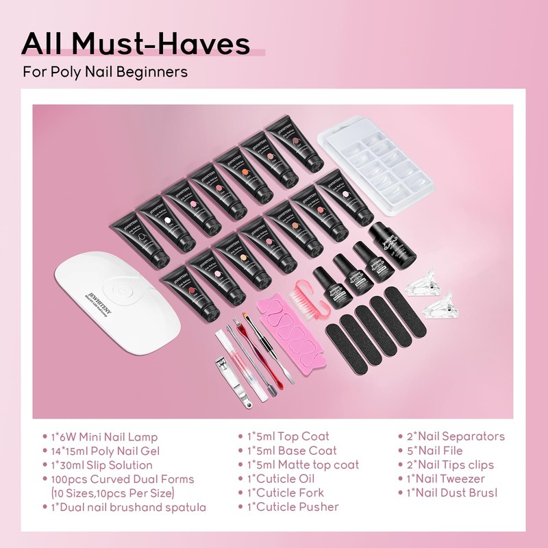 JEWHITENY Poly Extension Gel Nail Kit 14 PCS Poly Gel