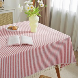 meioro Table Cloth Red White Striped Tablecloth Tassels Cotton Linen Dust-Proof Table Cover for Dining Coffee Buffet Kitchen Picnic Tables, Parties Holiday Tablecloths (39x55 Inch)