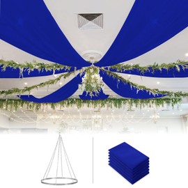 ROMANKAS Silver Wedding Ceiling Drapes Hanging Kit Blue Ceiling Drapes 6 Panels 5x10ft with 12 Inch Ceiling Draping Hoop Ceiling Draping Fabric Sheer Ceiling Drapes for Wedding Ceremony Party Decor